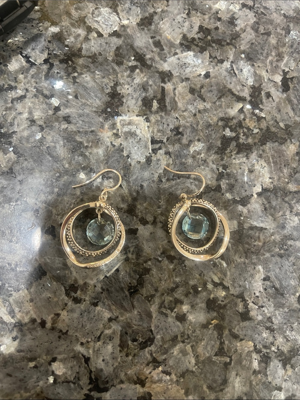 Gold Hoop Drop Earrings with Light Blue Gemstone